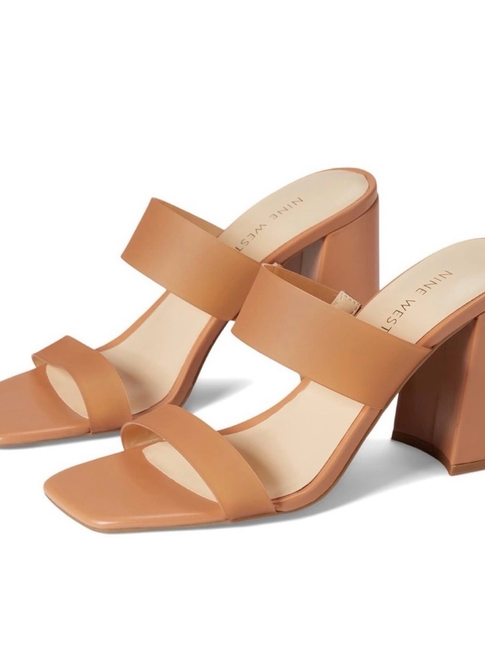 Nine West Tan Leather Double-Strap Block Heel Mules